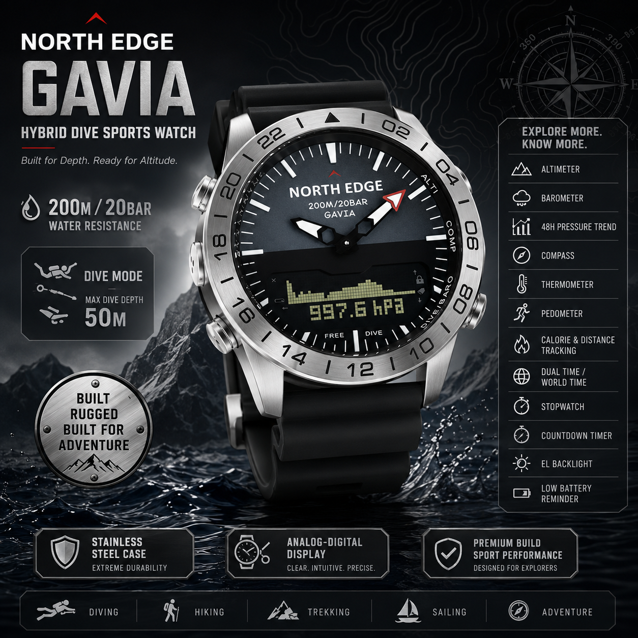 NORTH EDGE Mens  Dive Watch Mi - Smartwatch Army Watches For Men 리뷰 및 가격