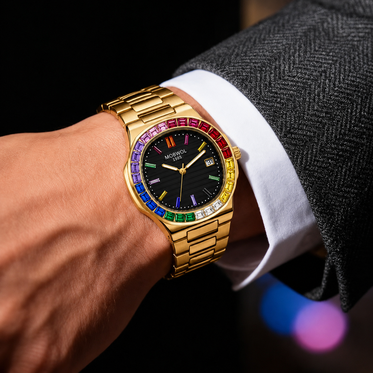 MOBWOL Rainbow Crystal Bezel M - Smartwatch Square Watches For Men 리뷰 및 가격