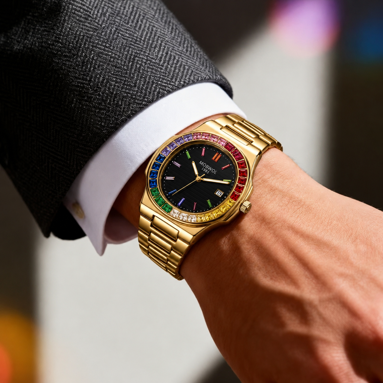 MOBWOL Rainbow Crystal Bezel M - Smartwatch Square Watches For Men 리뷰 및 가격